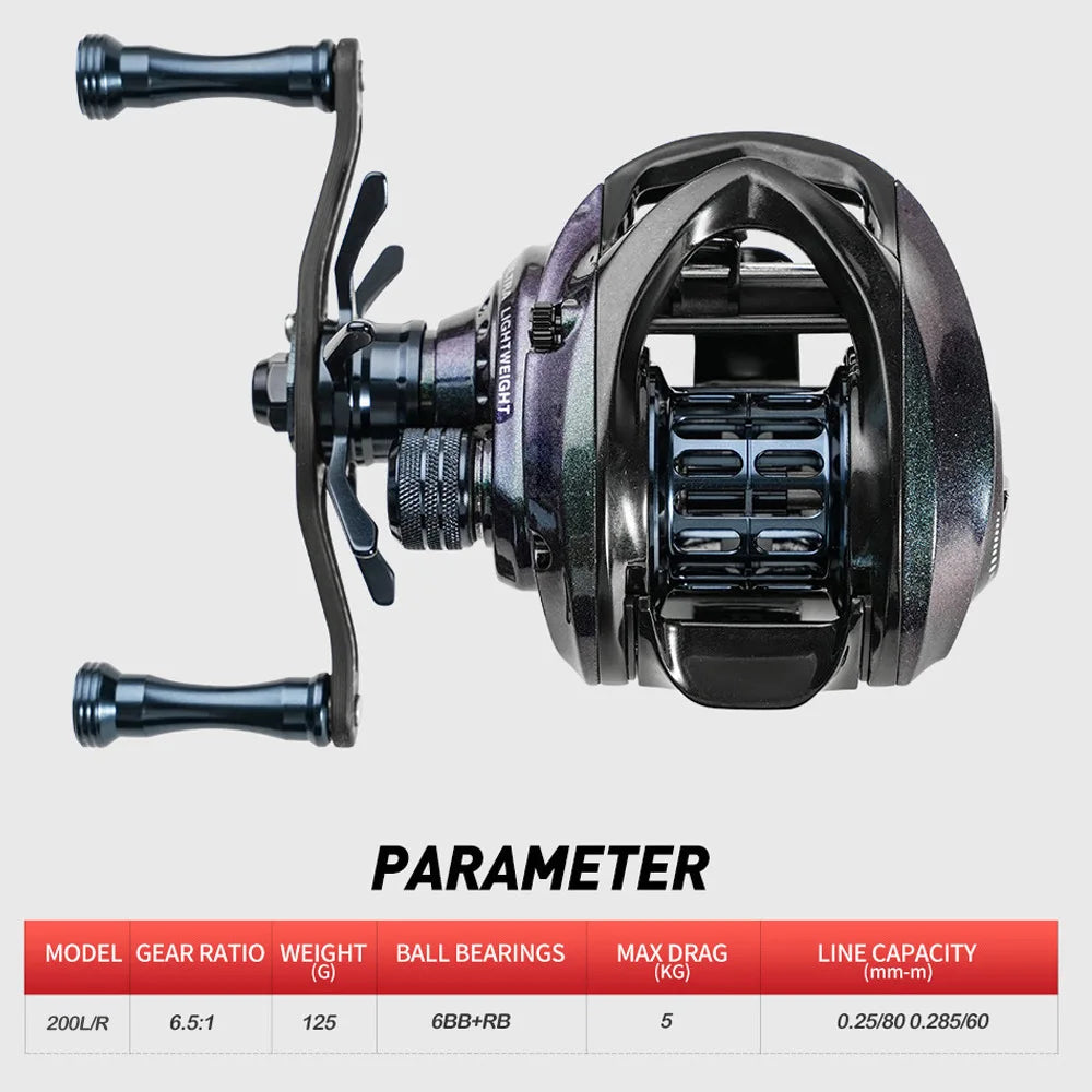 WildTrek Ultra-Light Baitcasting Reel 125g Carbon Frame Right Hand 6.5:1 Gear Ratio 5kg Max Drag 6BB+RB Bearings Anti-Reverse