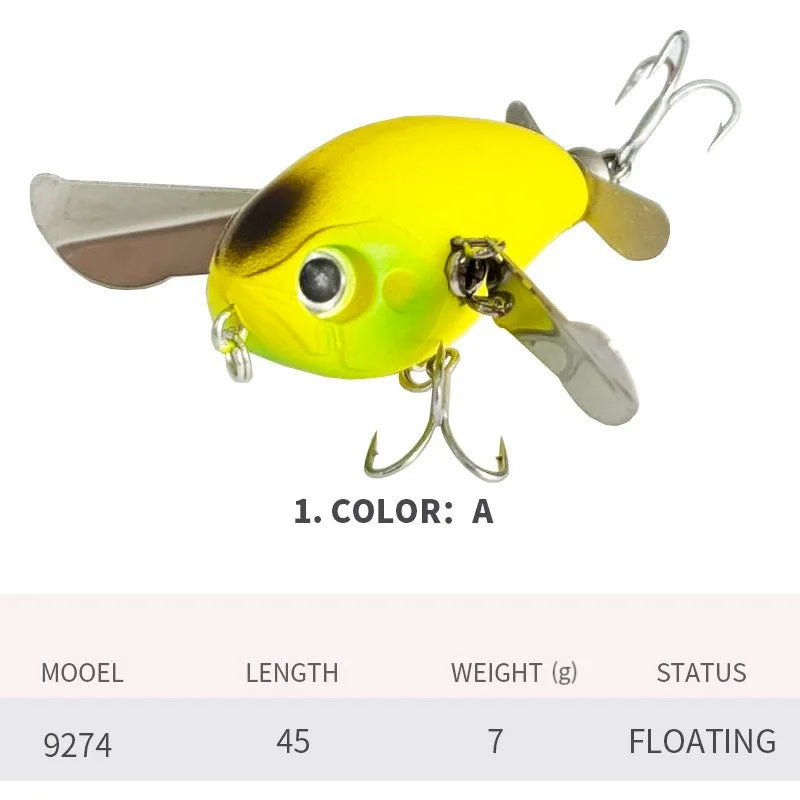 BILLINGS 1pc Floating Micro Surface Cicada Lure 45mm/7g Artificial Lures Metal-Blade Double-Hook Bait Fishing Accessories
