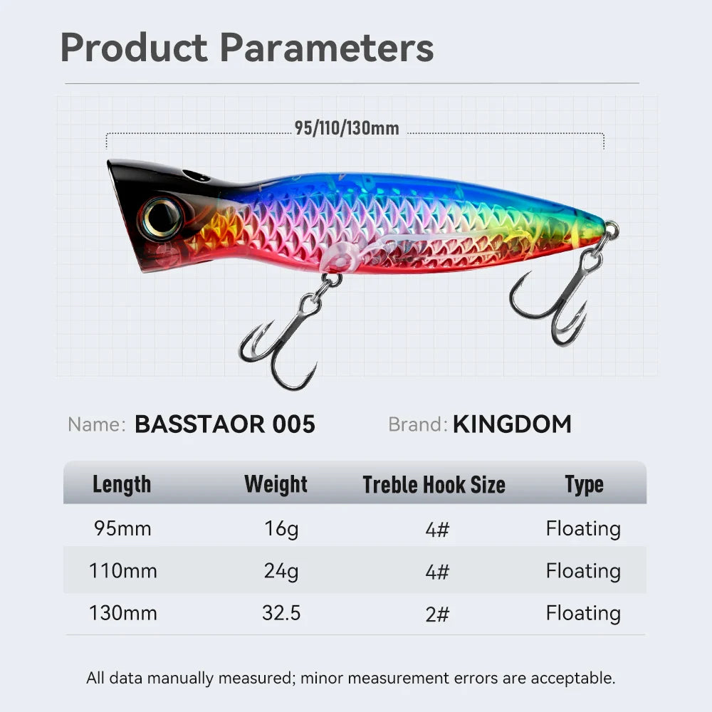 KINGDOM BASSTAOR 005 Topwater Popper Fishing Lure 95mm 110mm 130mm Hard Bait Seabass Lure Saltwater Long Casting Artificial Bait