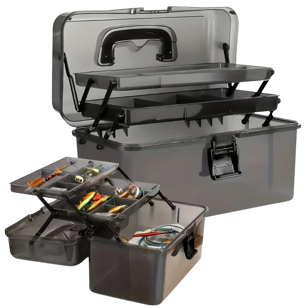 Durable PE Fishing Gear Box | Large Capacity, Black Transparent Design | Built-in Lock, Heavy-duty