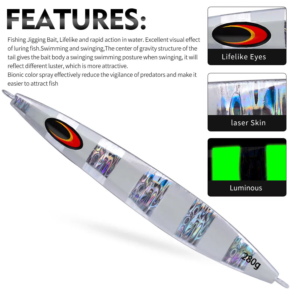 100g-280g Luminous Effect Jigging Sinking Metal Slow Jig Lure Iron Plate Fishing Hard Lure Fishing Baits Trolling Tackle FTK
