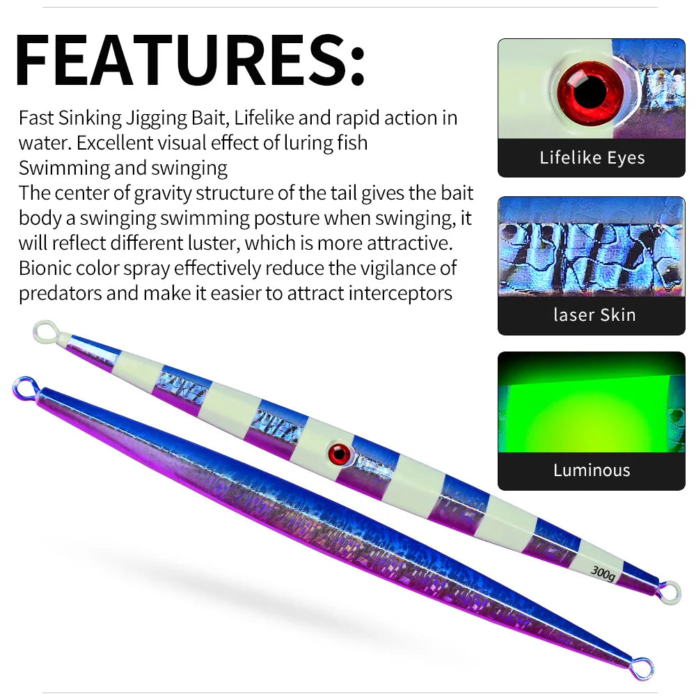 Fast Sinking Iron Plate Fishing Hard Lure Baits Trolling Tackle 1pcs 60g-300g Luminous Effect Metal Slow Jig Lure Jigging