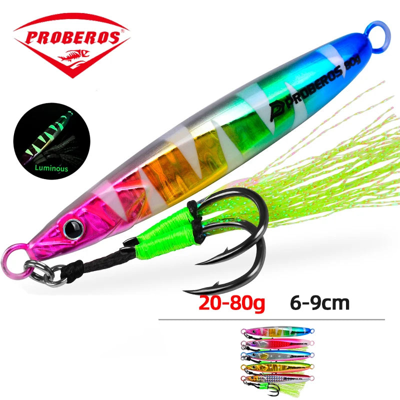 PRO BEROS Weights 20-80g Double Hook Luminous Fishing Lure Metal Jig Lure for Deep Sea Boat Fishing Trolling Hard Bait Bass