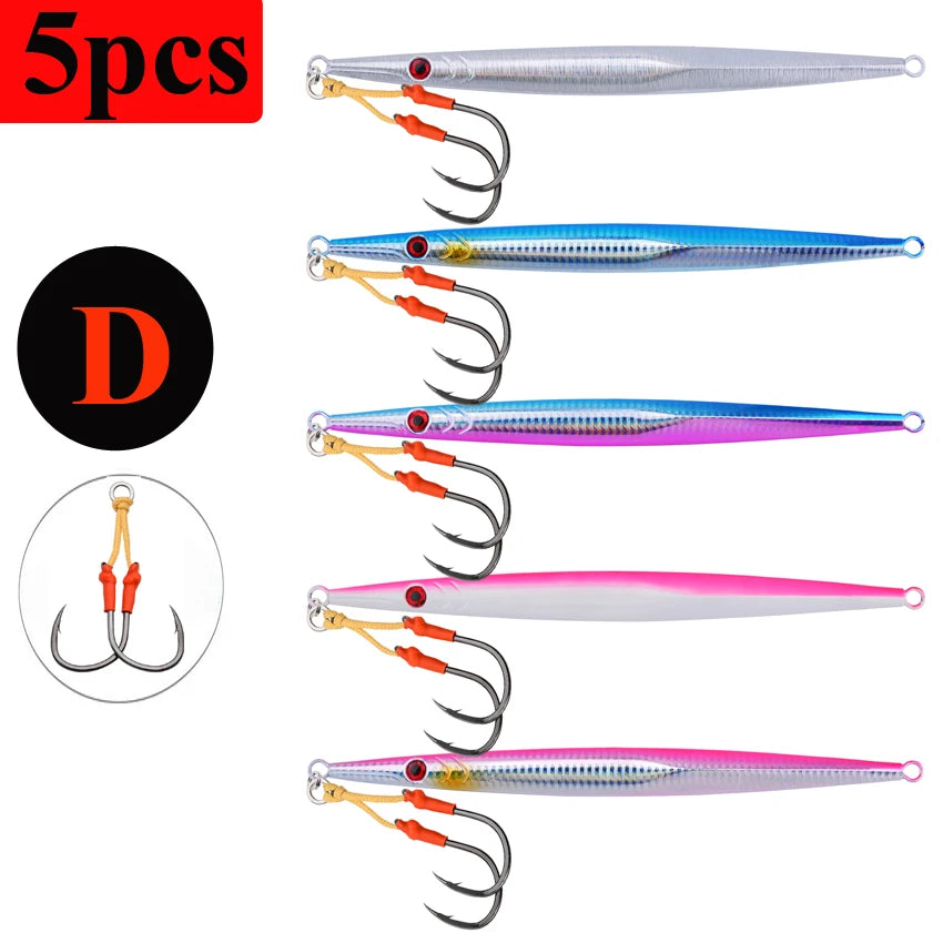 5pcs Metal Luminous Iron Plate Jig 60g-300g Sea Fishing Long Strip Quick Drawing Iron Plate Fish Fast Sinking Slow Shaking Bait