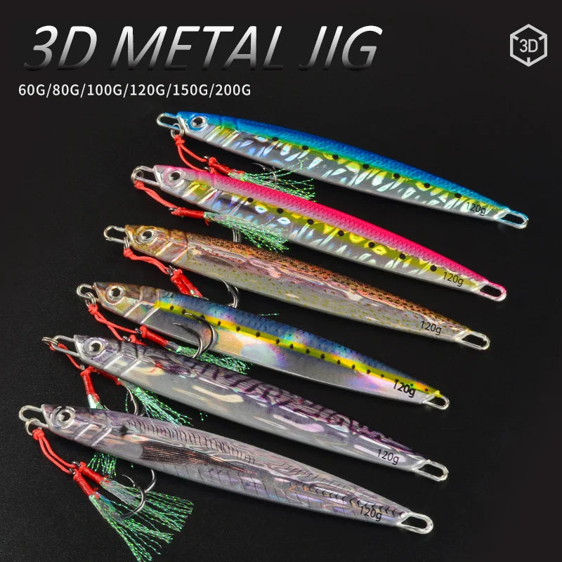 3D Metal Jig 60g 80g 100g 120g 150g 200g Sea Biomimetic Fish Iron Plate Bait Wobbler Fishing Lure Artificial Ocean Boat Fishing