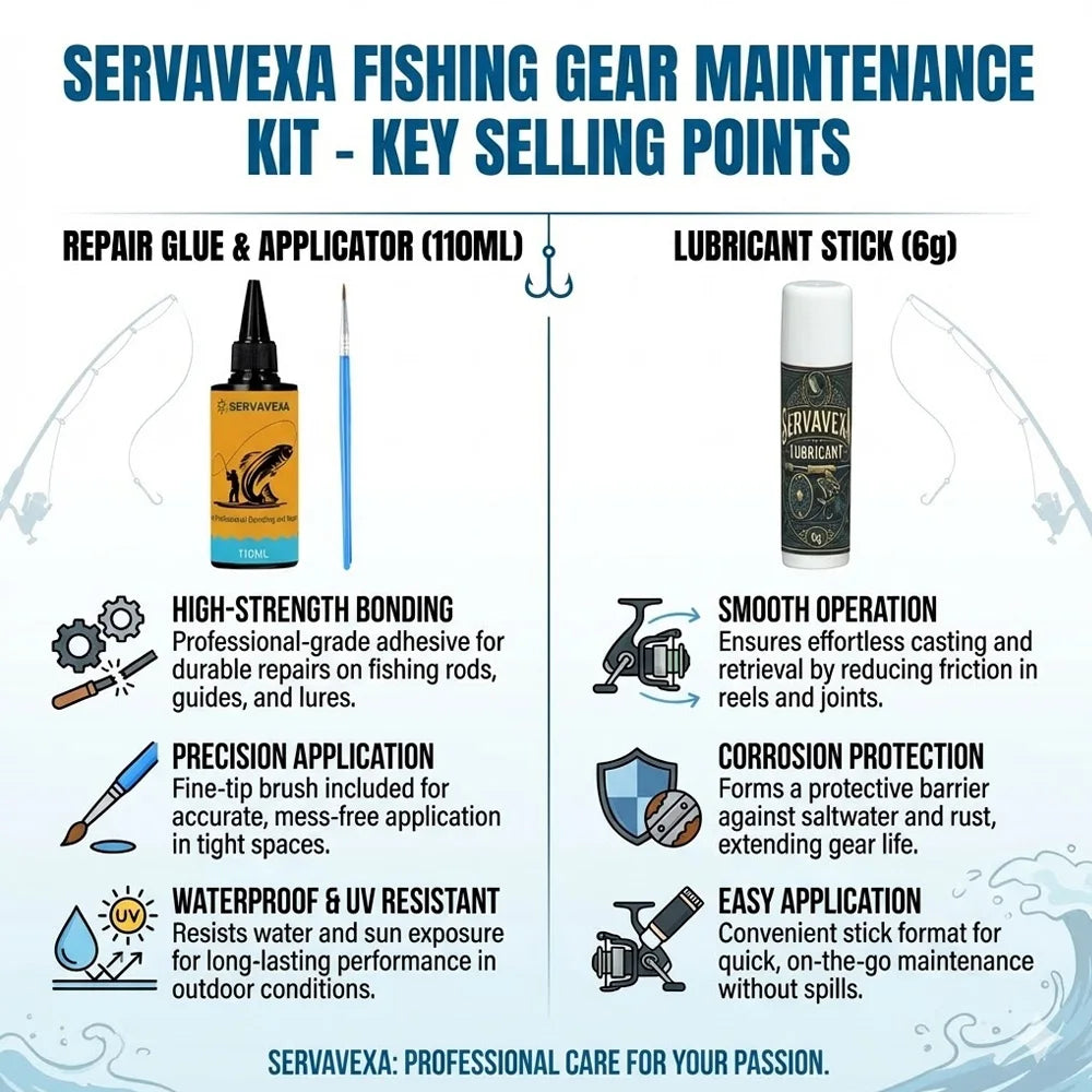 SERVAVEXA Fishing Gear Repair Kit: UV Cure Glue, Fast Dry Resin, UV Light & Lubricant – Pro Rod, Lure, Wader Fix & Maintenance