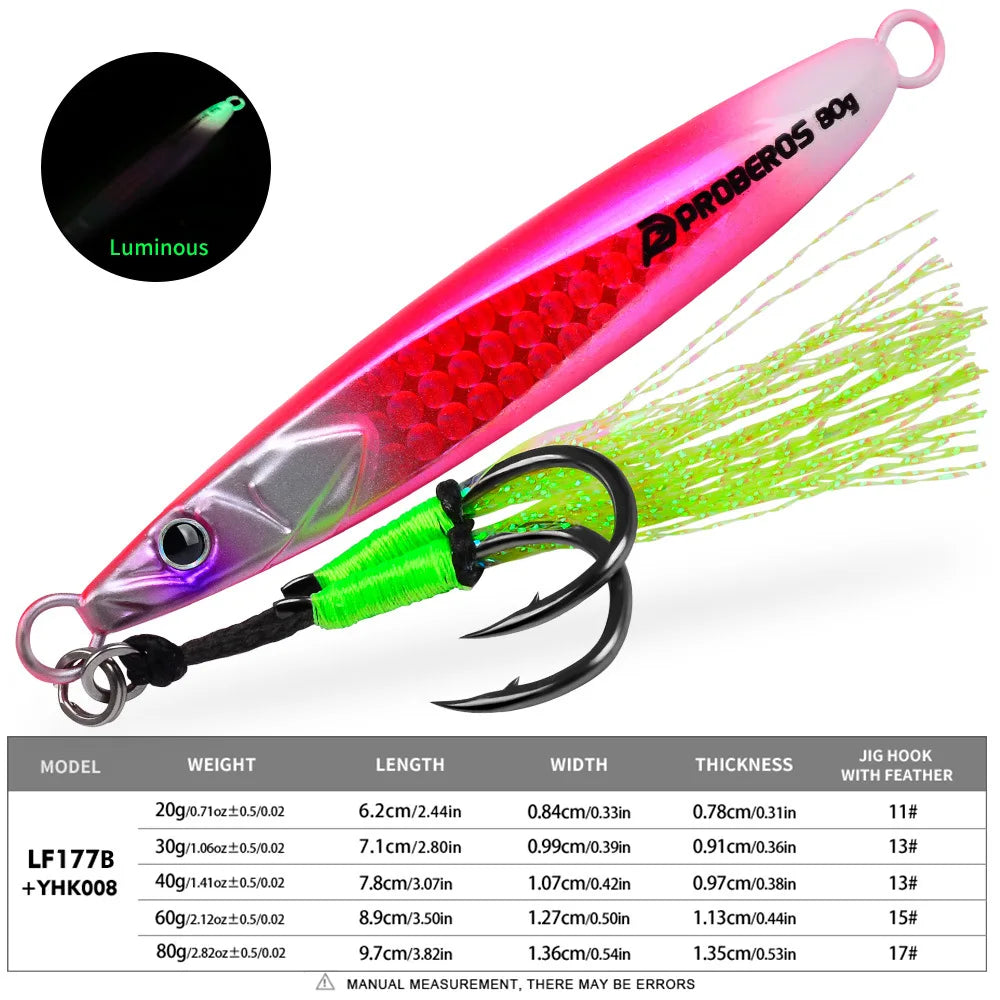 PRO BEROS Weights 20-80g Double Hook Luminous Fishing Lure Metal Jig Lure for Deep Sea Boat Fishing Trolling Hard Bait Bass