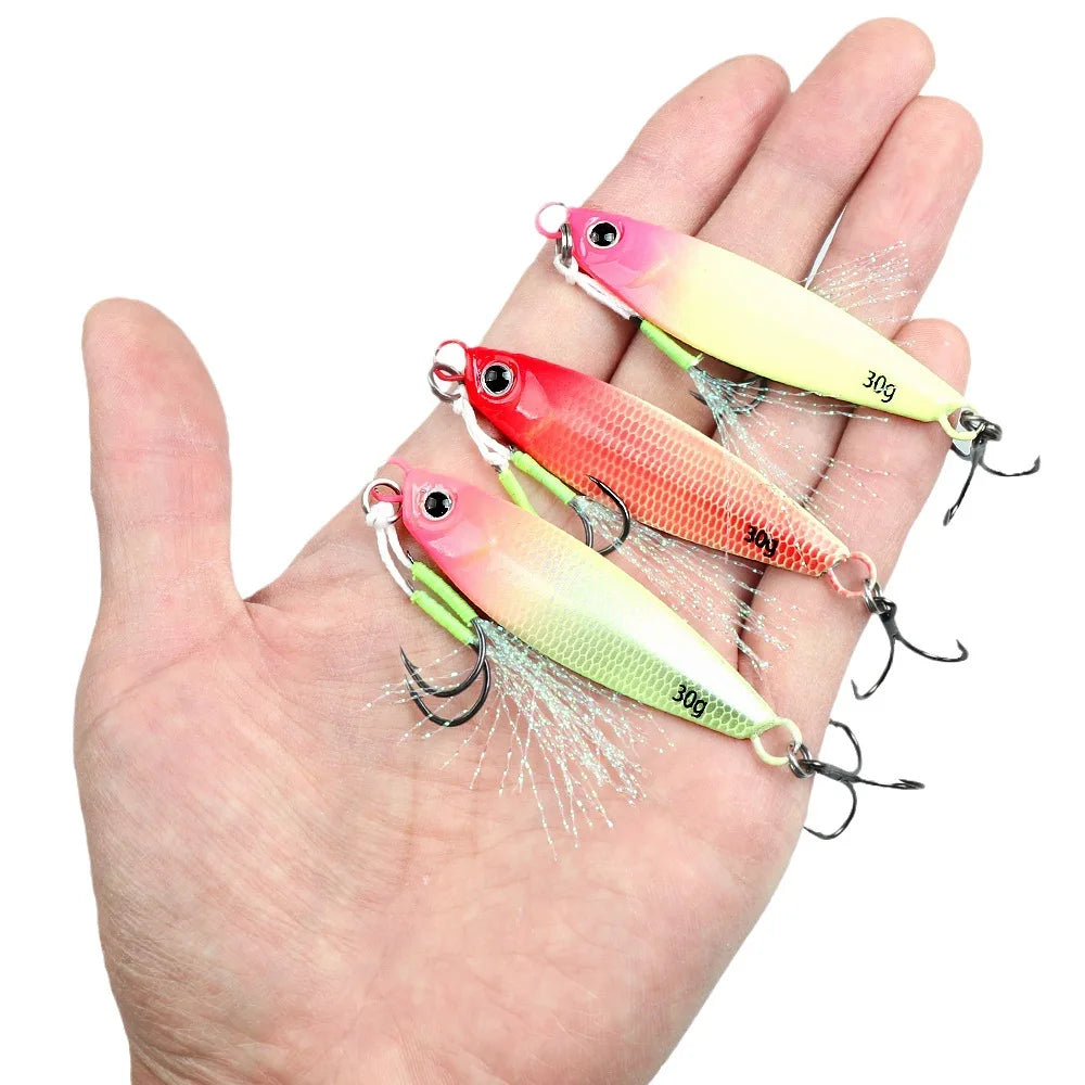 TSBT New Far Throw Luminous Iron Plate Lures Double Hook JIG 7g-40g Sea Fishing Spanish Mackerel Shore Casting Glow Metal Baits