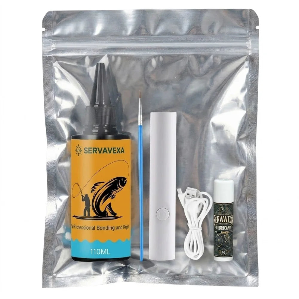 SERVAVEXA Fishing Gear Repair Kit: UV Cure Glue, Fast Dry Resin, UV Light & Lubricant – Pro Rod, Lure, Wader Fix & Maintenance