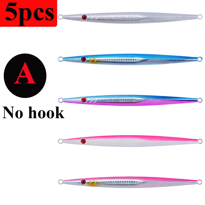 5pcs Metal Luminous Iron Plate Jig 60g-300g Sea Fishing Long Strip Quick Drawing Iron Plate Fish Fast Sinking Slow Shaking Bait