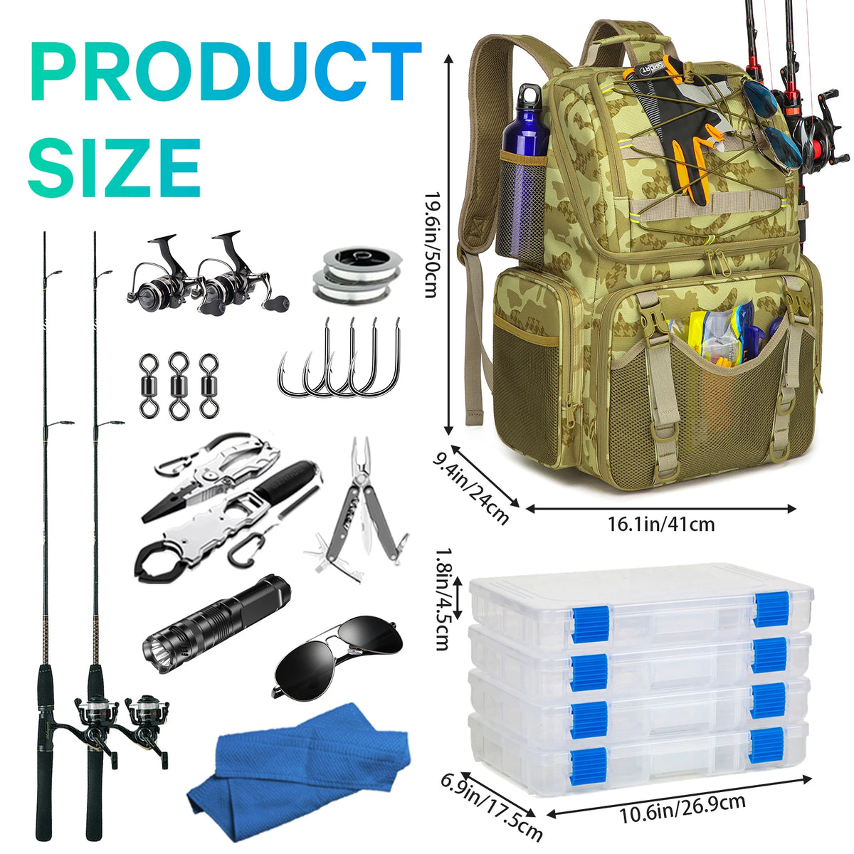 Fishing Backpack 45L Cooler Fishing Tackle Storage Bag with Rod Holders & Rain Cover Camping Hiking Outdoor Multifunctional Bag