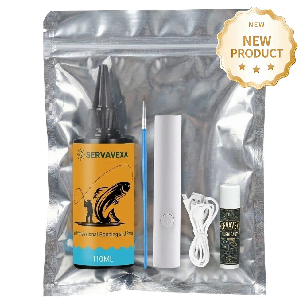 SERVAVEXA Fishing Gear Repair Kit: UV Cure Glue, Fast Dry Resin, UV Light & Lubricant – Pro Rod, Lure, Wader Fix & Maintenance