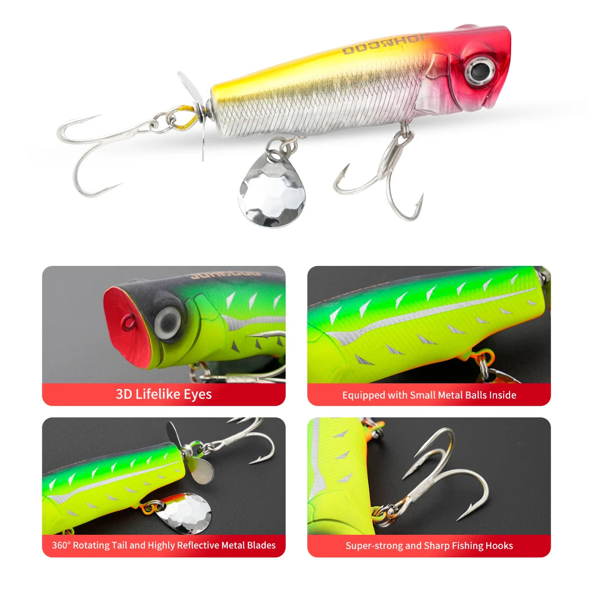 Johncoo 8cm  14g Popper fishing lure Floating Lure Topwater lure Wobblers bait Bass bait with Propeller
