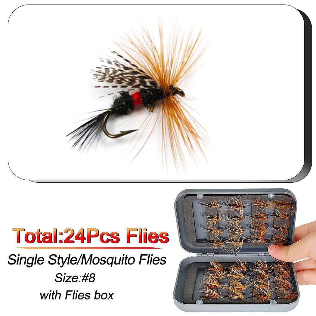 Fly Fishing Flies Kit, 24-100Pcs Fly Fishing Artificial Fly Baits Lures with Dry/Wet Flies, Streamers, Fly Assortment Trout Bass