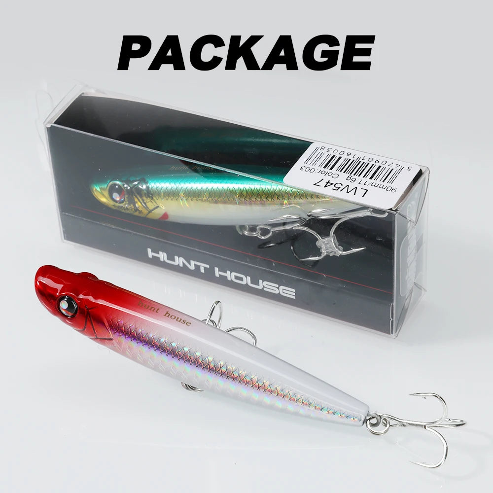 Hunthouse Popper Pencil Fishing Lure Pop Walker Topwater Floating Hard Bait 90mm/11.6g Surface WTD Saltwater Bass Fish Tackle