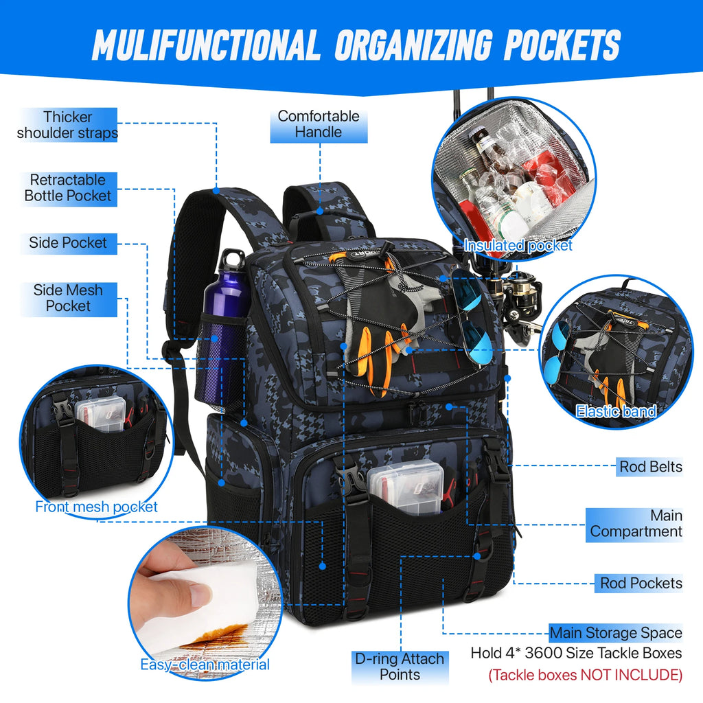 Fishing Backpack 45L Cooler Fishing Tackle Storage Bag with Rod Holders & Rain Cover Camping Hiking Outdoor Multifunctional Bag
