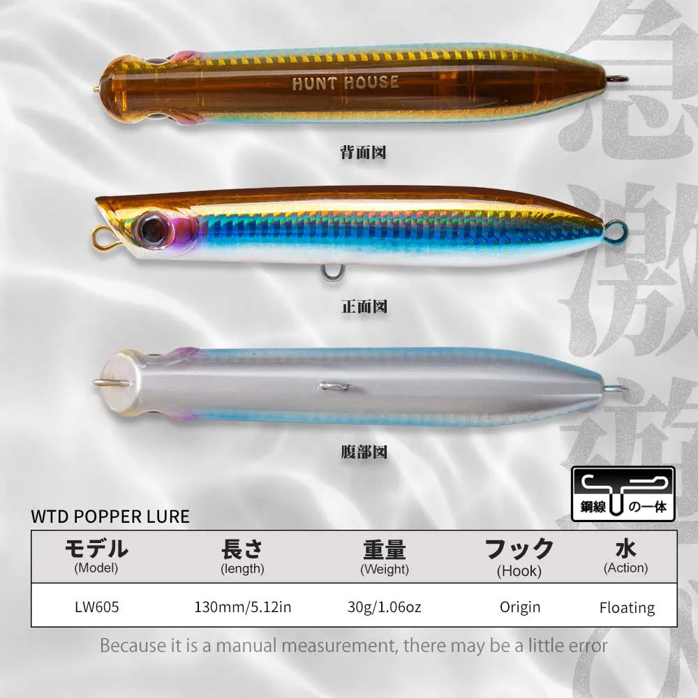 Hunthouse Surface Popper Floating Fishing Lure 130mm 30g Topwater Hard Bait Walk The Dog Saltwater For Tuna Fish Tackle