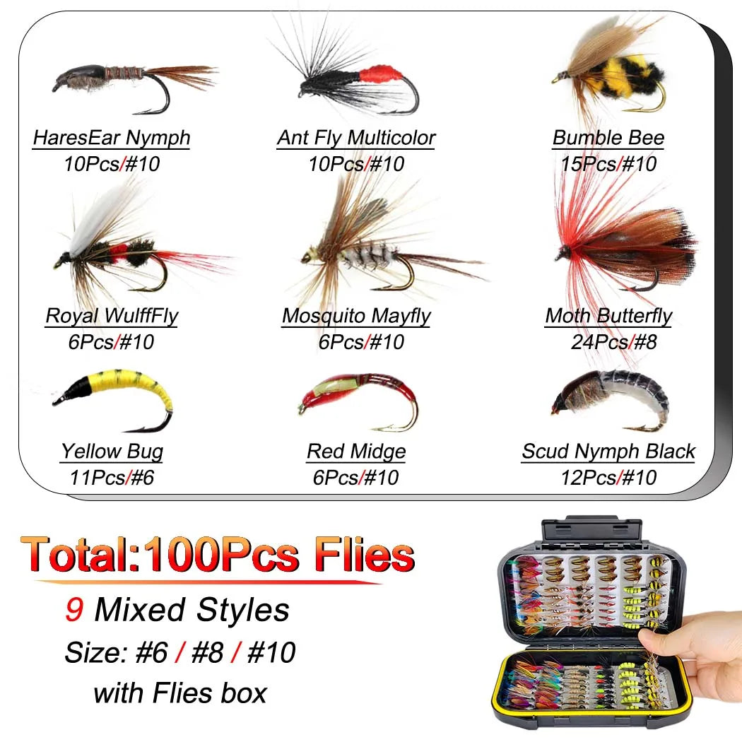 Fly Fishing Flies Kit, 24-100Pcs Fly Fishing Artificial Fly Baits Lures with Dry/Wet Flies, Streamers, Fly Assortment Trout Bass