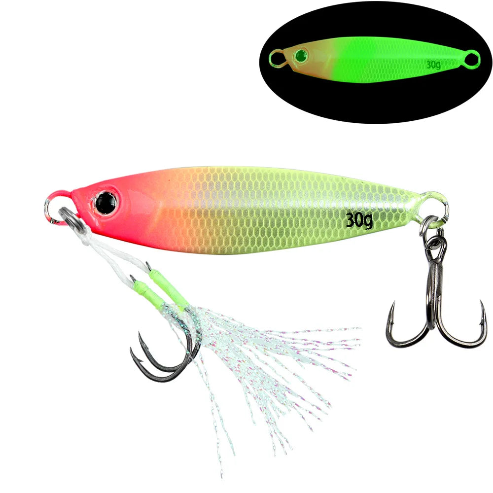 TSBT New Far Throw Luminous Iron Plate Lures Double Hook JIG 7g-40g Sea Fishing Spanish Mackerel Shore Casting Glow Metal Baits