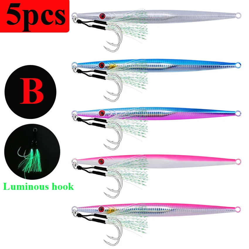 5pcs Metal Luminous Iron Plate Jig 60g-300g Sea Fishing Long Strip Quick Drawing Iron Plate Fish Fast Sinking Slow Shaking Bait