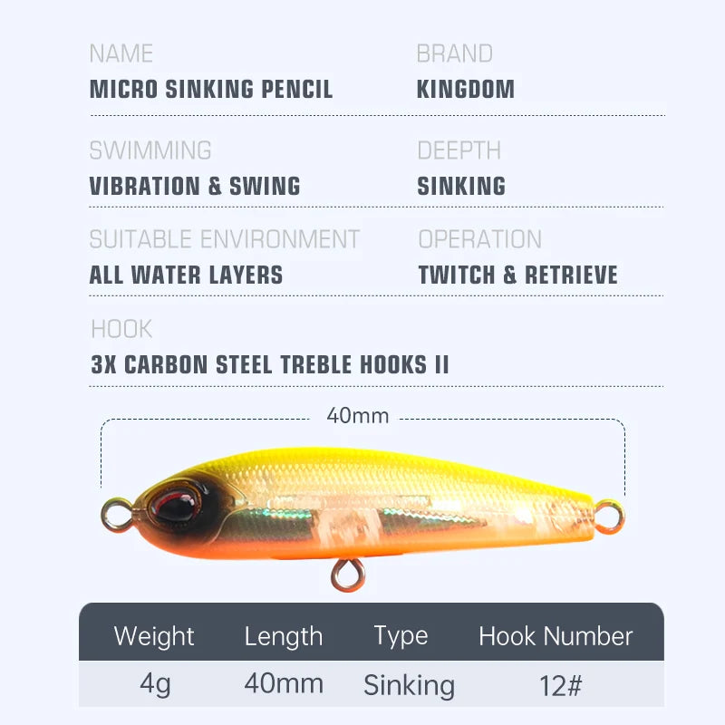 KINGDOM Micro Sinking Pencil Lure 40mm 4g Mini Fishing Bait Vibration Swing for Bass Trout Perch Fishing