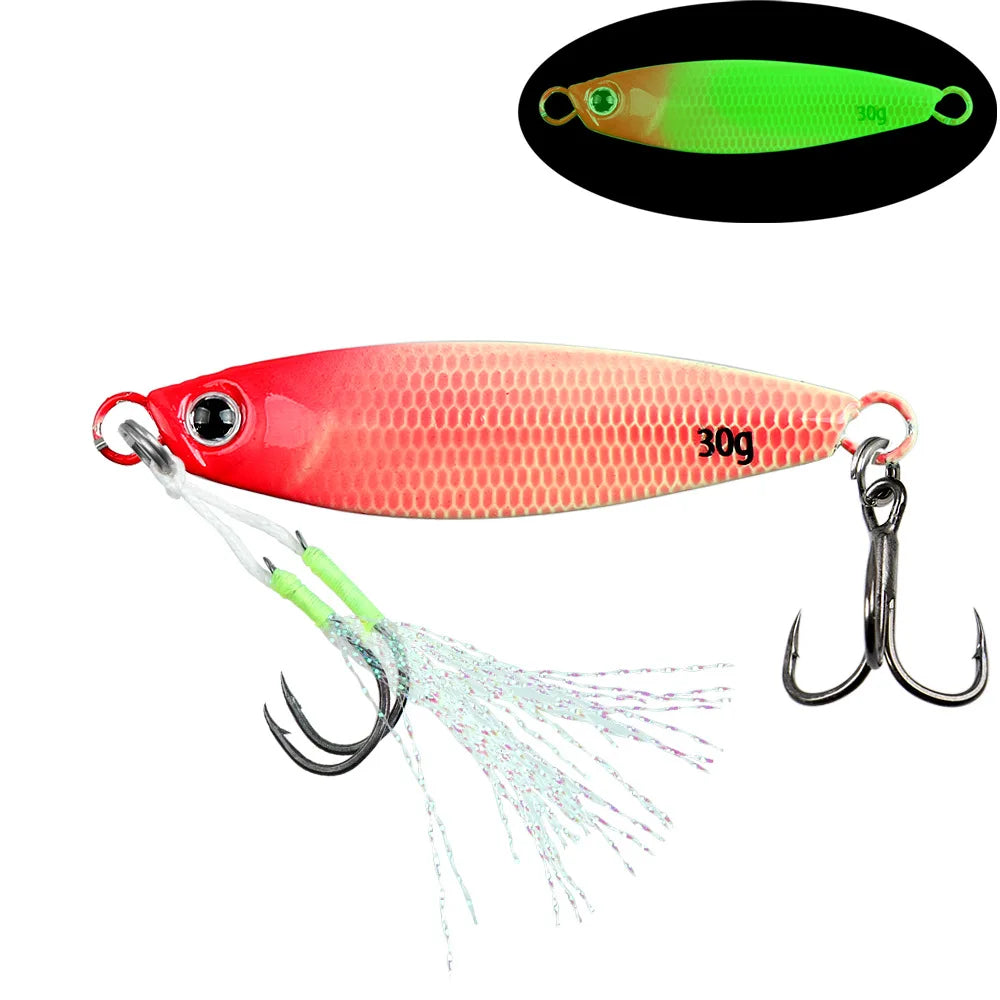 TSBT New Far Throw Luminous Iron Plate Lures Double Hook JIG 7g-40g Sea Fishing Spanish Mackerel Shore Casting Glow Metal Baits