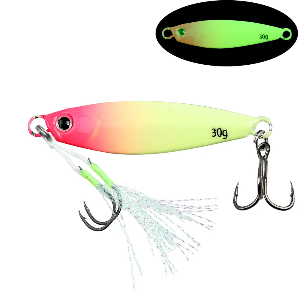 TSBT New Far Throw Luminous Iron Plate Lures Double Hook JIG 7g-40g Sea Fishing Spanish Mackerel Shore Casting Glow Metal Baits