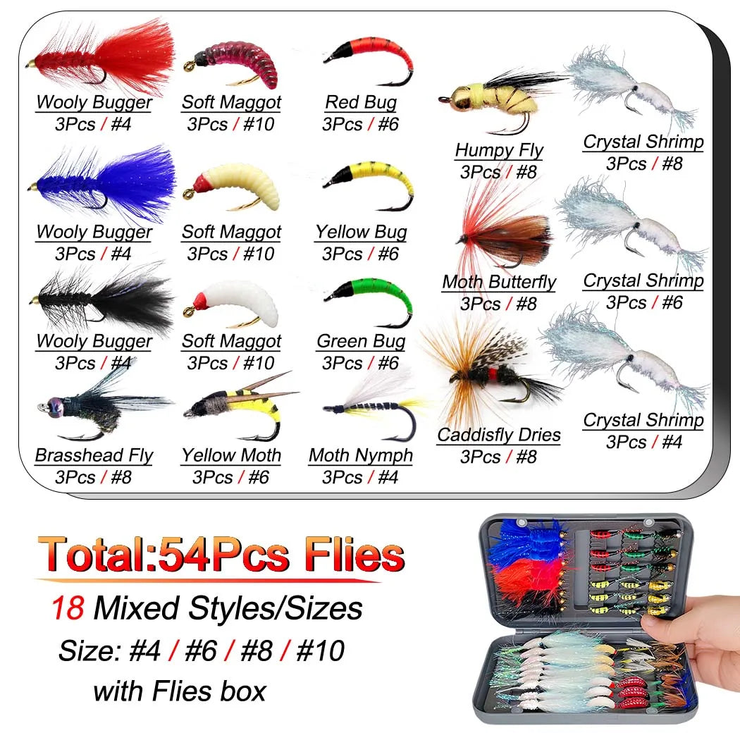 Fly Fishing Flies Kit, 24-100Pcs Fly Fishing Artificial Fly Baits Lures with Dry/Wet Flies, Streamers, Fly Assortment Trout Bass