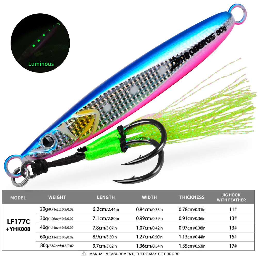 PRO BEROS Weights 20-80g Double Hook Luminous Fishing Lure Metal Jig Lure for Deep Sea Boat Fishing Trolling Hard Bait Bass