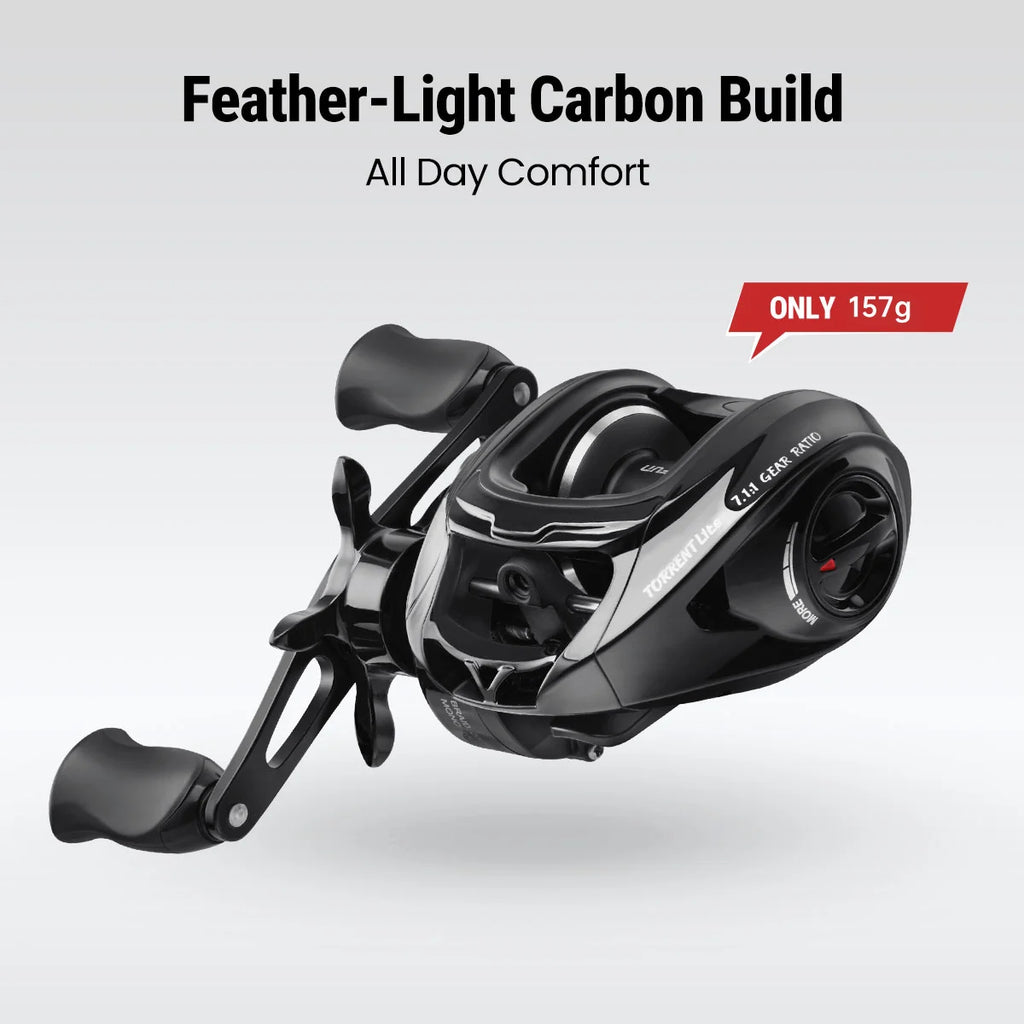 PISCIFUN Torrent Lite Ultra-Light Baitcasting Reel 7.1:1 Gear Ratio, 9+1 Bearings, Carbon Body, 6kg Drag, 157g Lightweight Reel