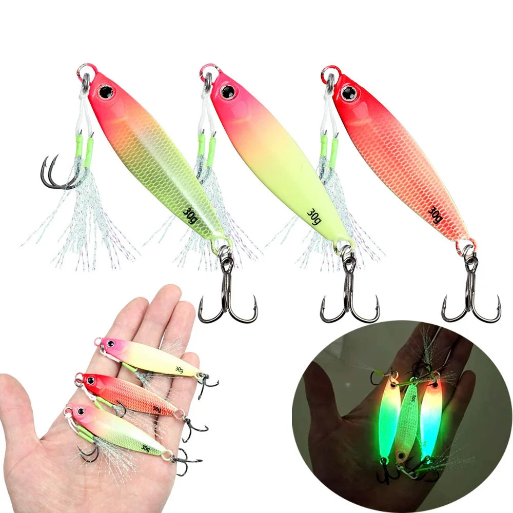 TSBT New Far Throw Luminous Iron Plate Lures Double Hook JIG 7g-40g Sea Fishing Spanish Mackerel Shore Casting Glow Metal Baits