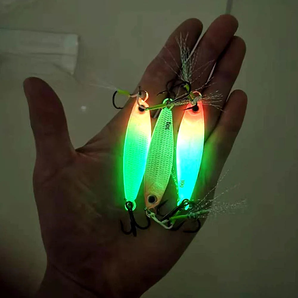 TSBT New Far Throw Luminous Iron Plate Lures Double Hook JIG 7g-40g Sea Fishing Spanish Mackerel Shore Casting Glow Metal Baits