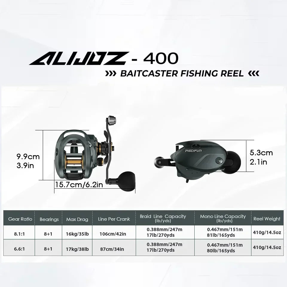 Piscifun Alijoz Alinox 400 Baitcaster Fishing Reels 17kg Max Drag 9 Bearings Aluminum Frame Freshwater Saltwater  Fishing Reels