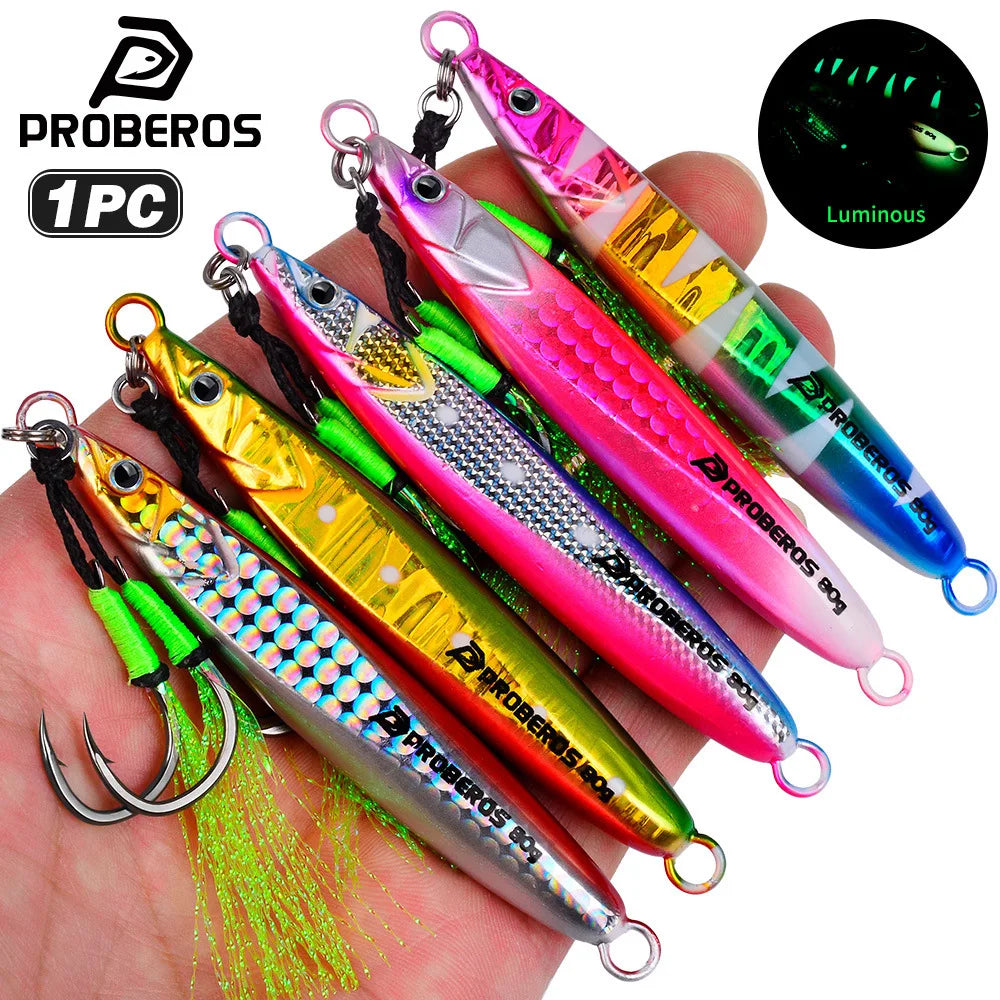 PRO BEROS Weights 20-80g Double Hook Luminous Fishing Lure Metal Jig Lure for Deep Sea Boat Fishing Trolling Hard Bait Bass