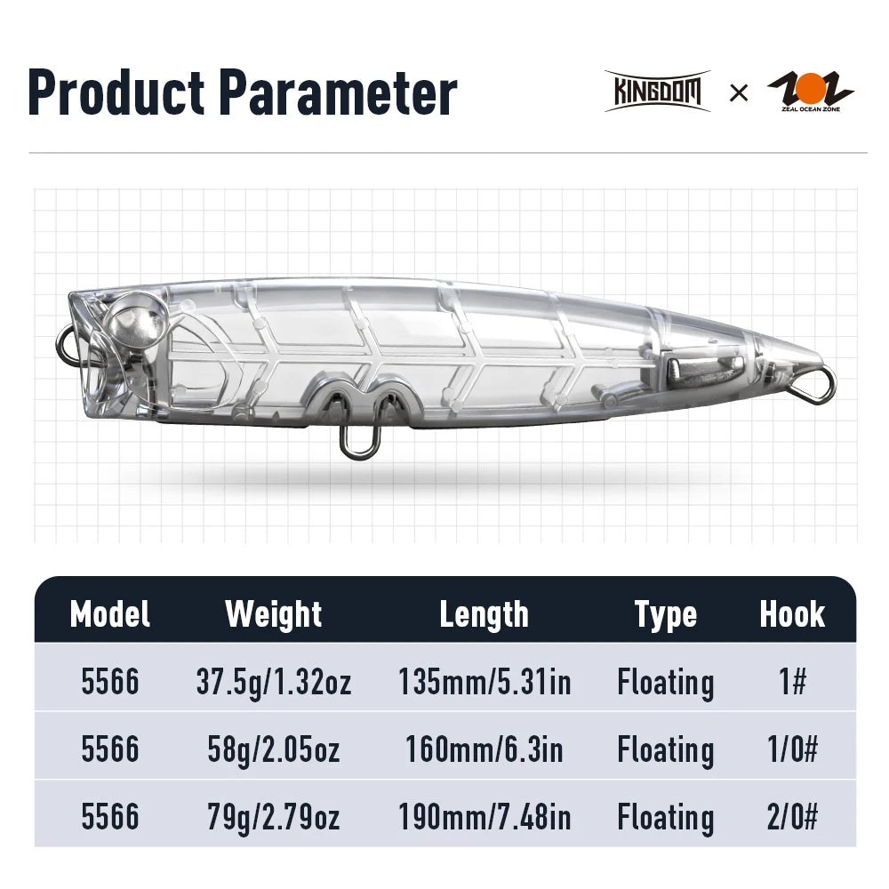 KINGDOM Floating Popper Fishing Lure 135mm 160mm 190mm Topwater Hard Bait  Transparent Popper Wobbler for Saltwater Bass Fishing