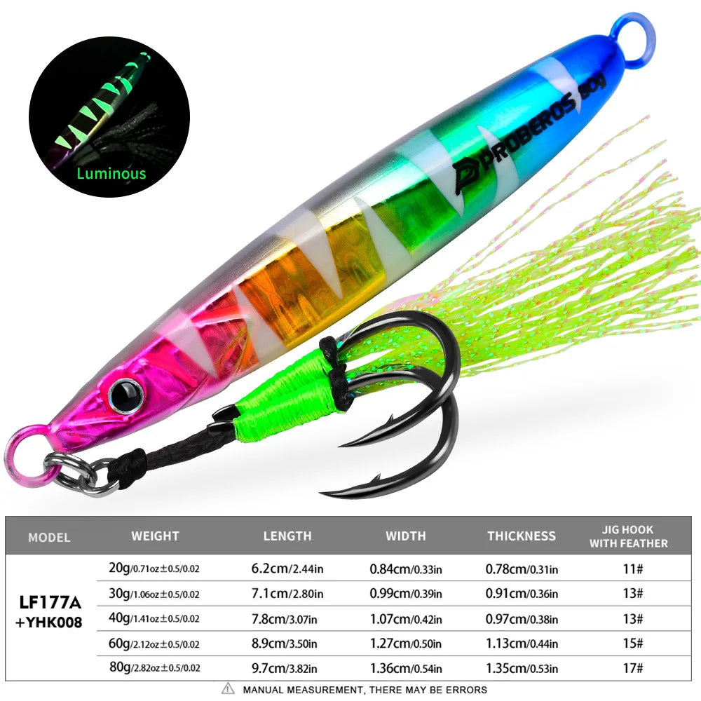 PRO BEROS Weights 20-80g Double Hook Luminous Fishing Lure Metal Jig Lure for Deep Sea Boat Fishing Trolling Hard Bait Bass