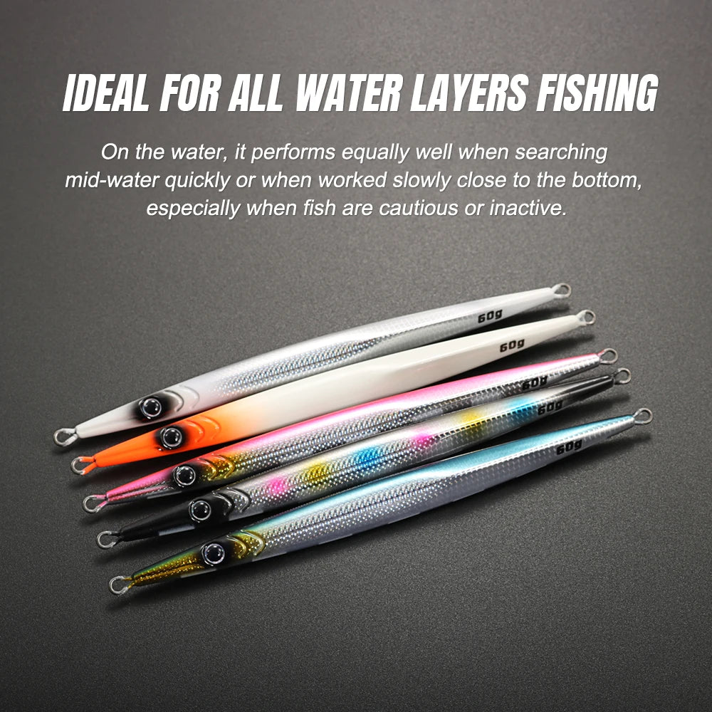 JIGGINGPRO Needle Metal Jig 60g 80 100g Sea Fishing Long Strip Quick-Drawing Iron Plate Fish Fast Sinking Vertical Jigging Lure
