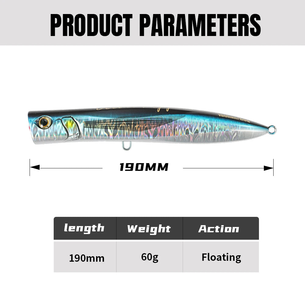 JIGGING PRO 190mm 60g Holographic Floating Popper Saltwater Topwater Fishing Lure Artificial Bait