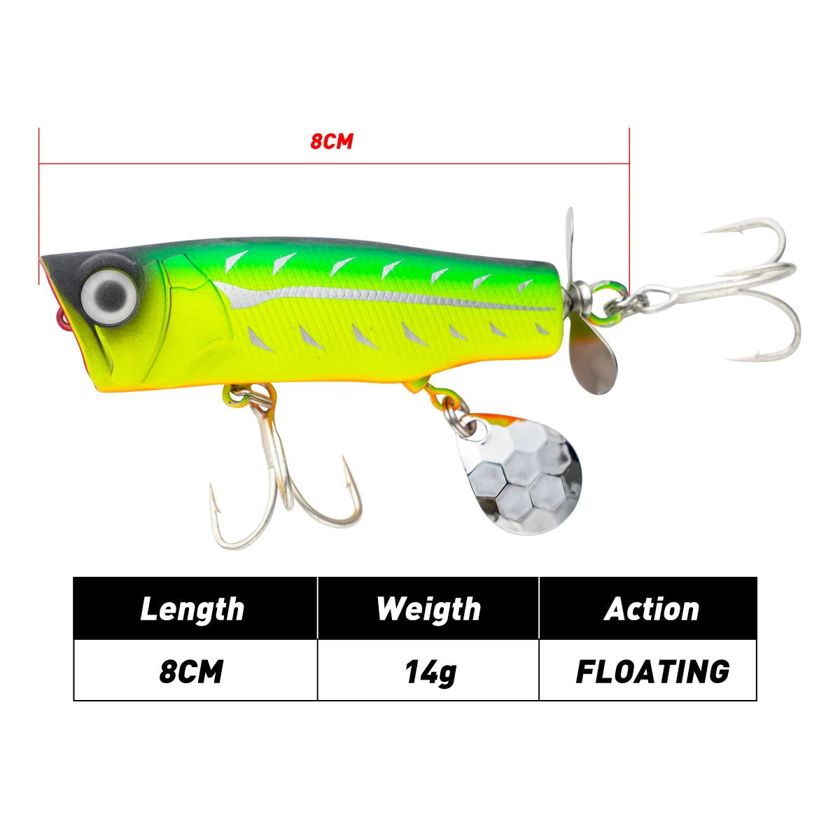 Johncoo 8cm  14g Popper fishing lure Floating Lure Topwater lure Wobblers bait Bass bait with Propeller