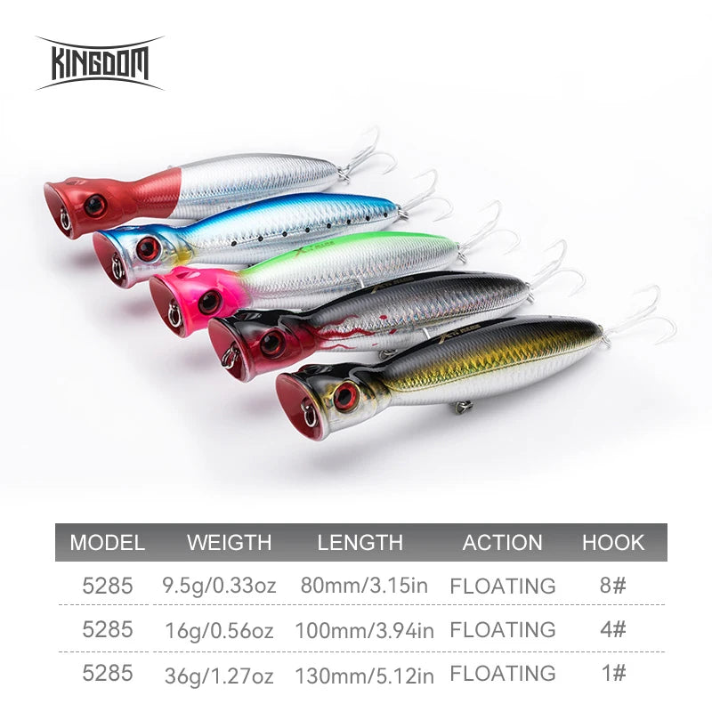 Kingdom Topwater Popper Fishing Lures 80mm 9.5g 100mm 16g 130mm 36g Hard Artificial Bait Floating Wobblers Fishing Tackle Baits