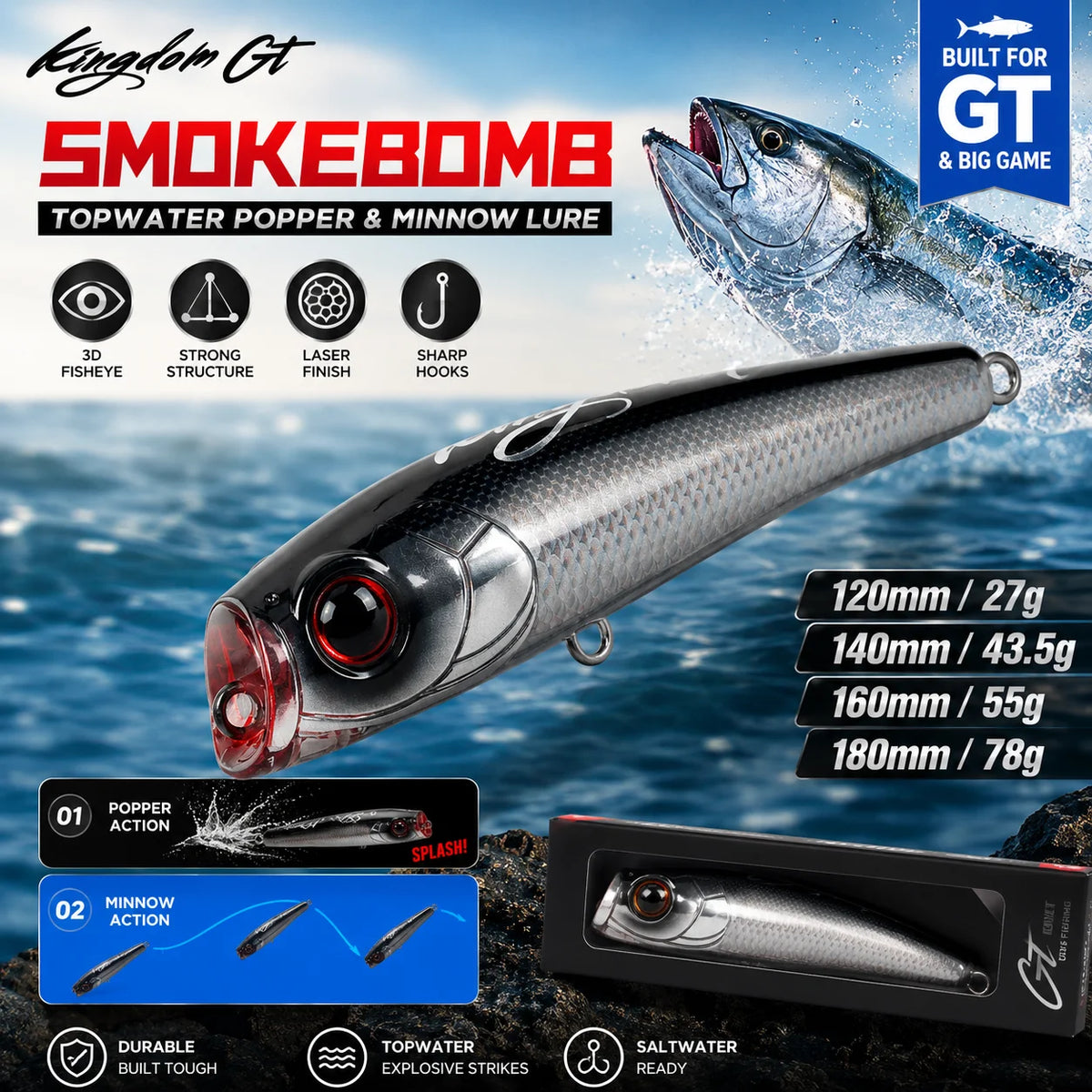 Kingdom Topwater Popper Fishing Lure 27g 43.5g 55g 78g Saltwater Artificial Bait Hard Wobblers For Sea Tuna GT Fishing Lure