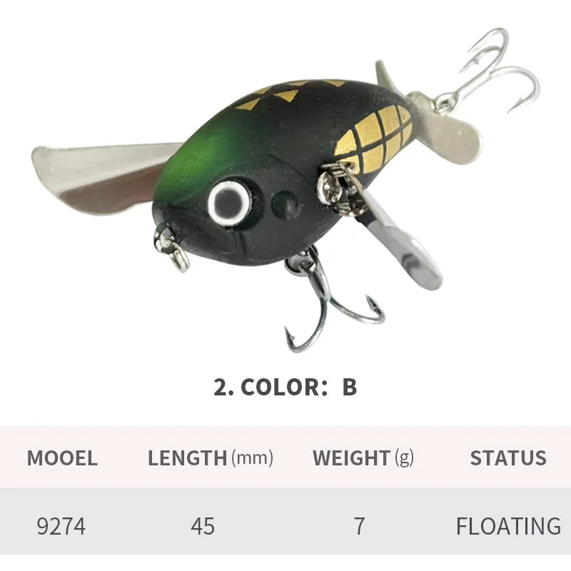 BILLINGS 1pc Floating Micro Surface Cicada Lure 45mm/7g Artificial Lures Metal-Blade Double-Hook Bait Fishing Accessories