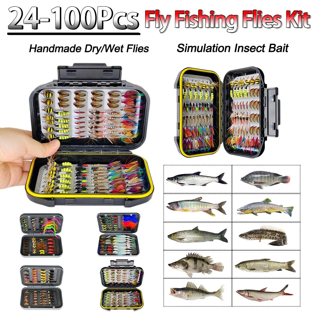 Fly Fishing Flies Kit, 24-100Pcs Fly Fishing Artificial Fly Baits Lures with Dry/Wet Flies, Streamers, Fly Assortment Trout Bass