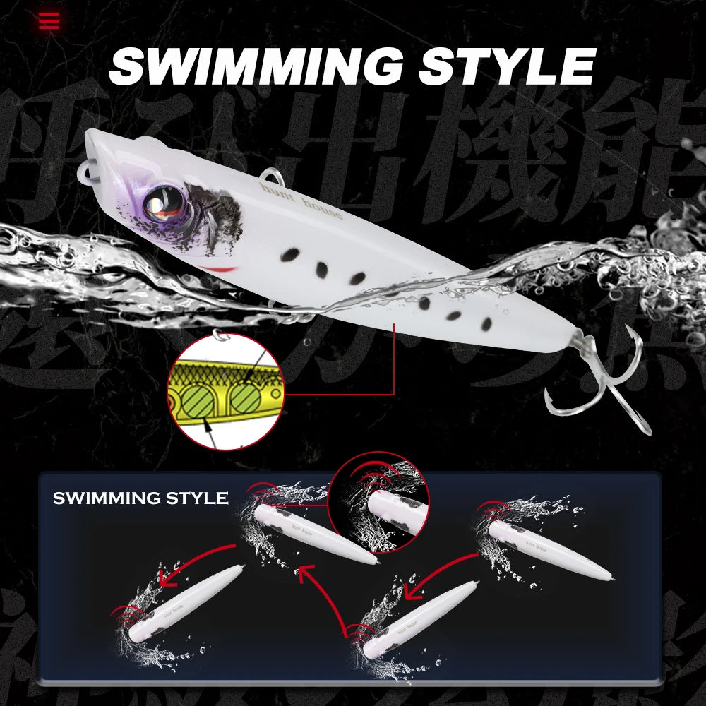 Hunthouse Popper Pencil Fishing Lure Pop Walker Topwater Floating Hard Bait 90mm/11.6g Surface WTD Saltwater Bass Fish Tackle