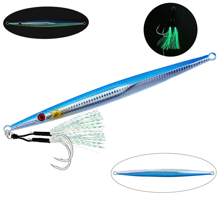 5pcs Metal Luminous Iron Plate Jig 60g-300g Sea Fishing Long Strip Quick Drawing Iron Plate Fish Fast Sinking Slow Shaking Bait
