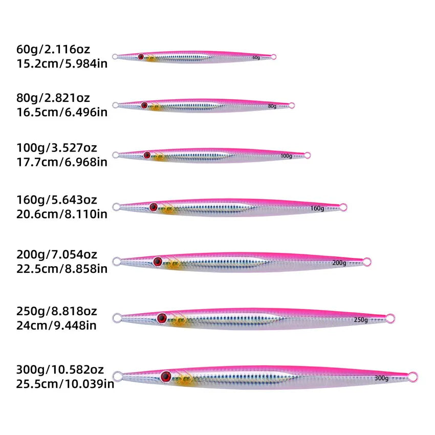5pcs Metal Luminous Iron Plate Jig 60g-300g Sea Fishing Long Strip Quick Drawing Iron Plate Fish Fast Sinking Slow Shaking Bait