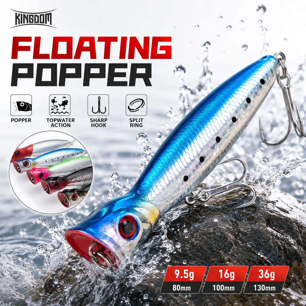 Kingdom Topwater Popper Fishing Lures 80mm 9.5g 100mm 16g 130mm 36g Hard Artificial Bait Floating Wobblers Fishing Tackle Baits