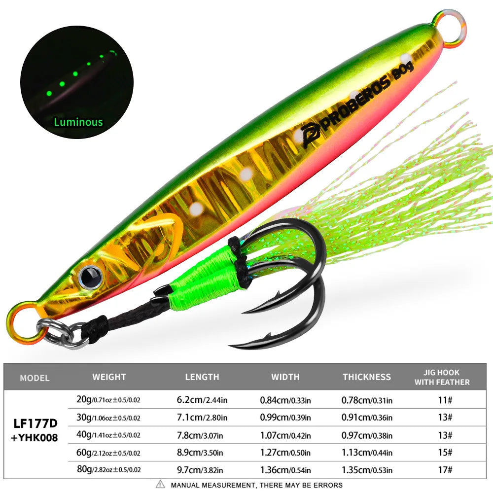 PRO BEROS Weights 20-80g Double Hook Luminous Fishing Lure Metal Jig Lure for Deep Sea Boat Fishing Trolling Hard Bait Bass