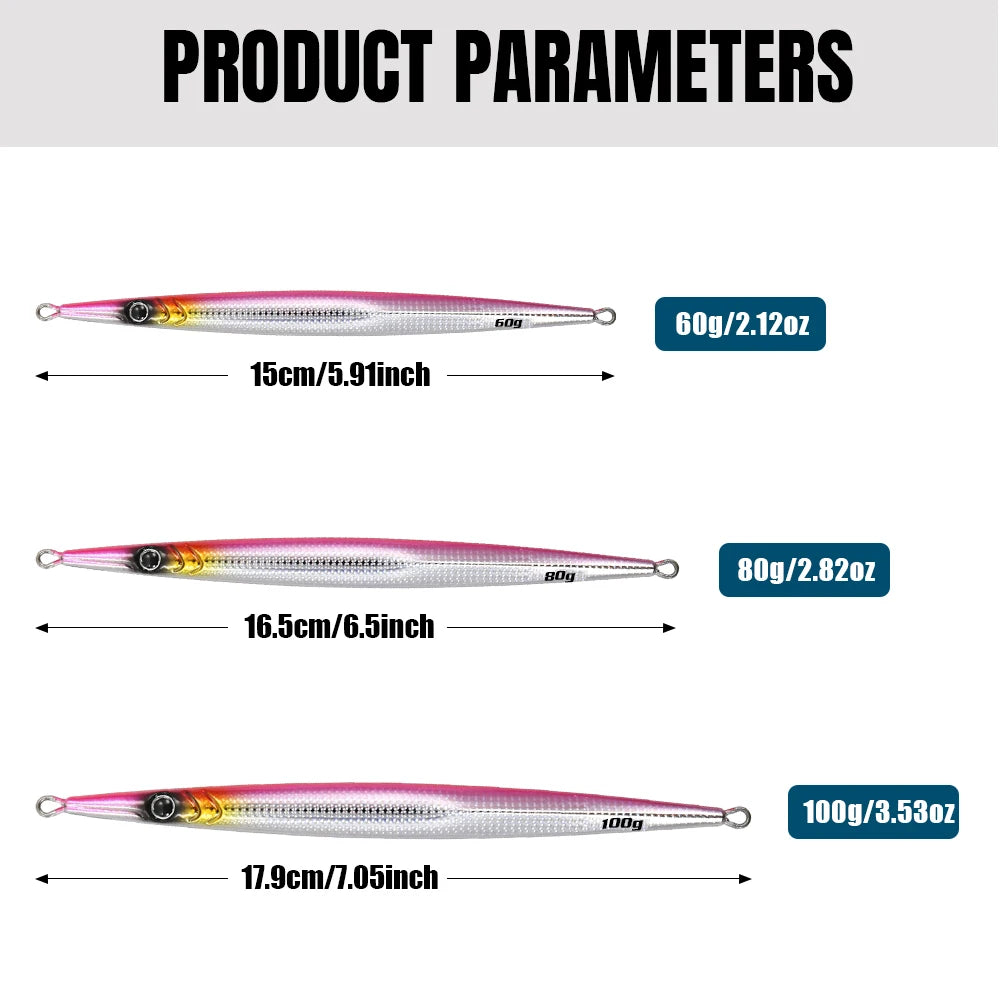 JIGGINGPRO Needle Metal Jig 60g 80 100g Sea Fishing Long Strip Quick-Drawing Iron Plate Fish Fast Sinking Vertical Jigging Lure