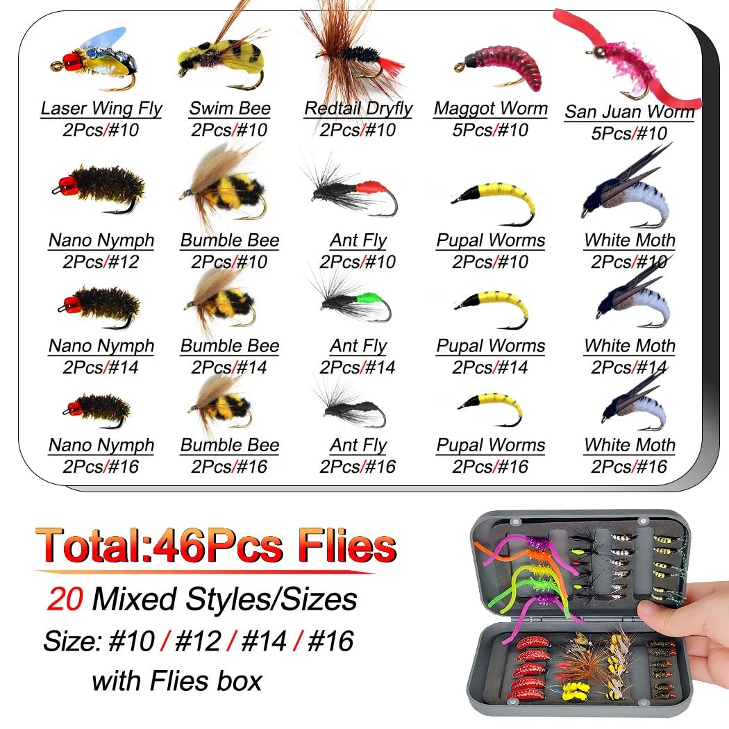 Fly Fishing Flies Kit, 24-100Pcs Fly Fishing Artificial Fly Baits Lures with Dry/Wet Flies, Streamers, Fly Assortment Trout Bass